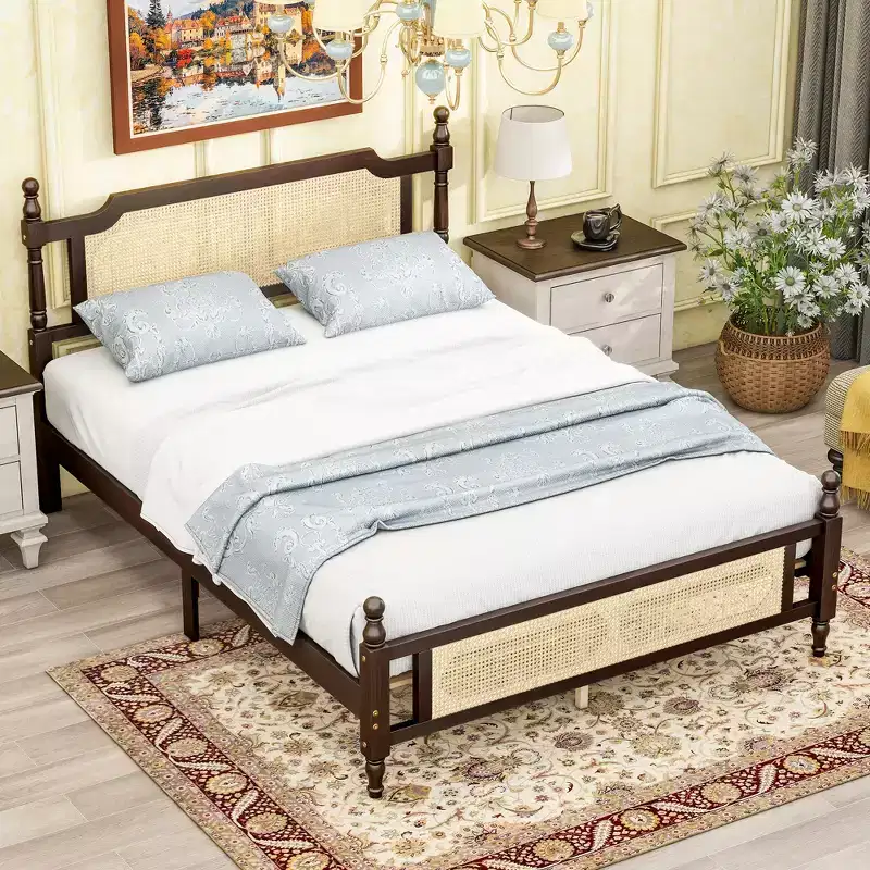 Queen/King Platform Bed with Rattan Headboard and Footboard, Pine Wood with Central Enhanced Leg, Espresso/Walnut