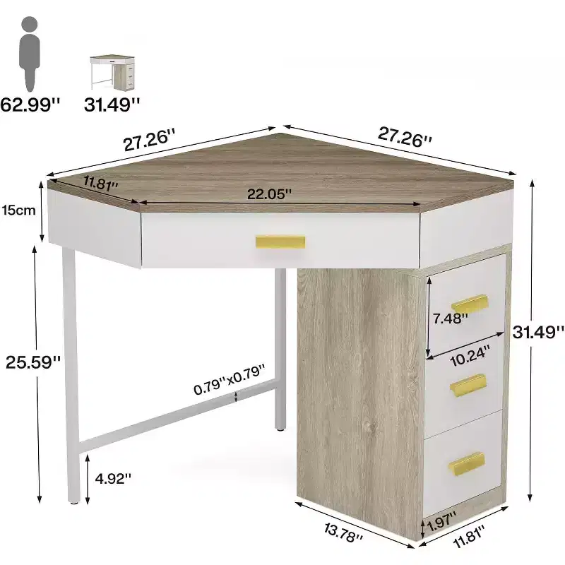 Lantine Corner Desk, Triangle Computer Desk with 3 Drawers, 90-Degree Writing Table for Home Office, Living Room, Bedroom, Grey & White