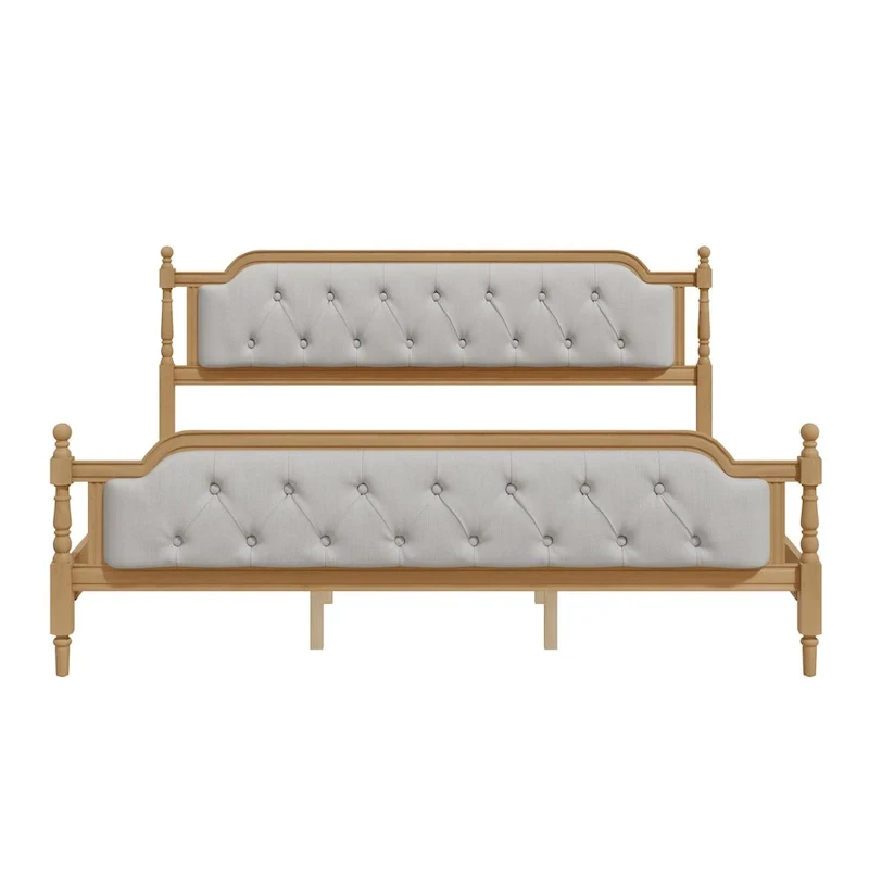 Solid Wood Bed Frame with Upholstered Tufted Headboard – No Box Spring Needed