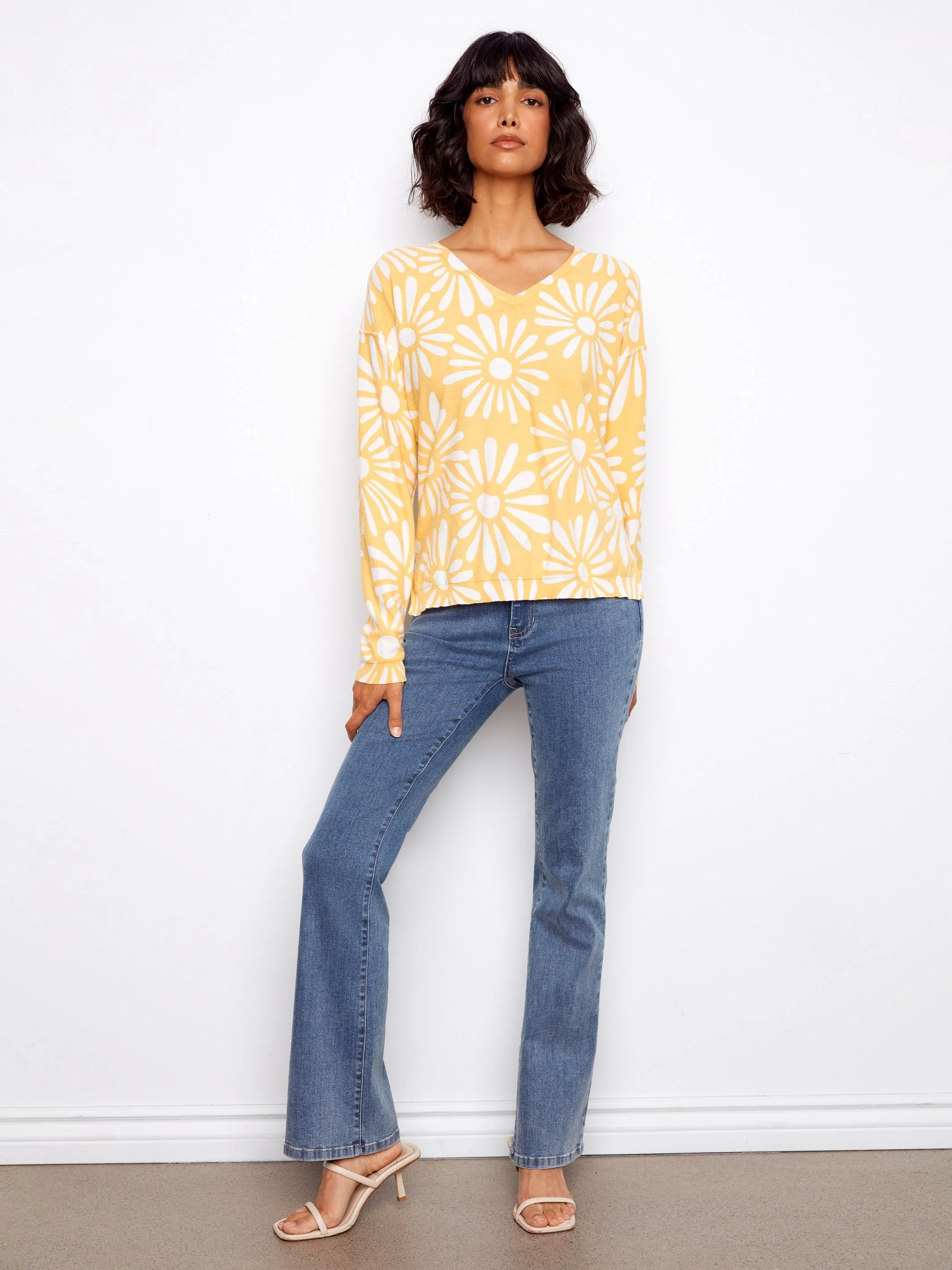 Reversible Printed V-Neck Sweater - Yellow