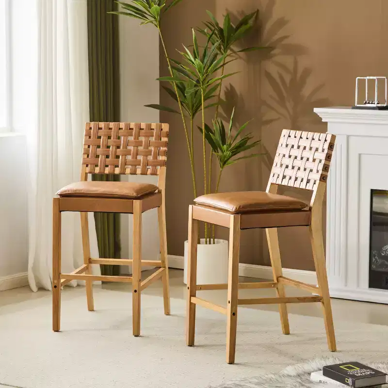 ModernLuxe Rubberwood Barstool, 2 pcs PU Upholstered Dining Chairs with Footrest, Natural Finished Frame with Brown Upholstery