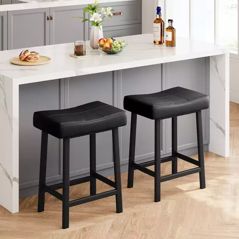 Set of 2 PU Leather Bar Stools | 24 Counter Height Stools with Thick Saddle Seats & Heavy Duty Metal Frame for Kitchen Island, Breakfast Bar