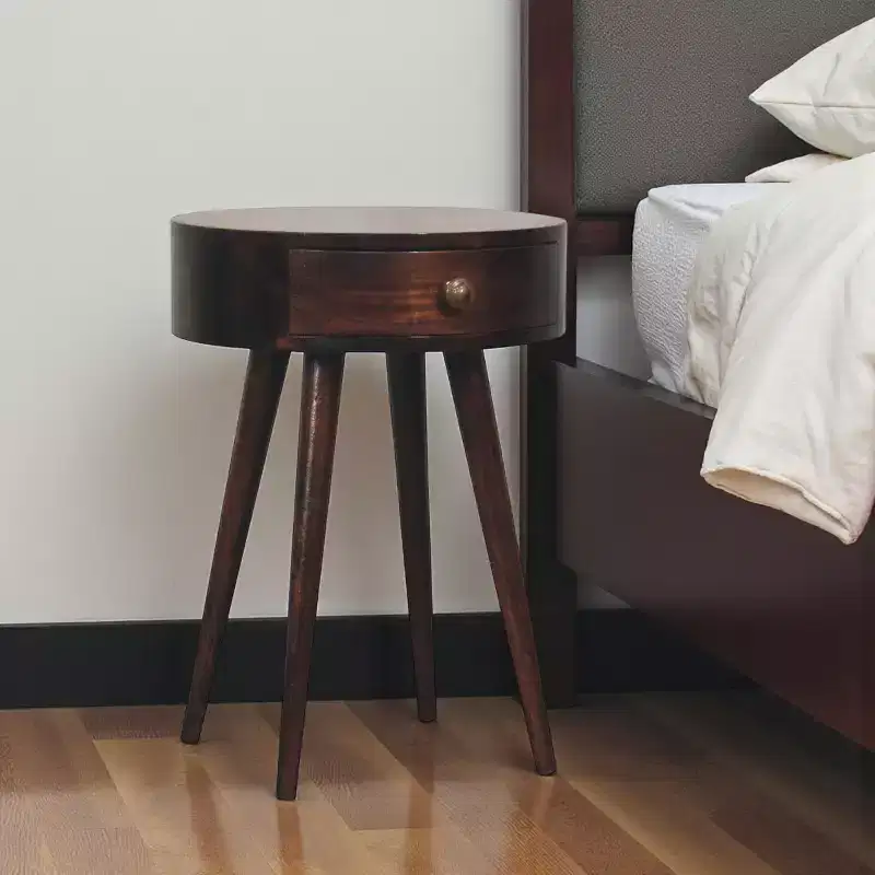 HomeRoots 22 Walnut Solid Wood Round One Drawer Nightstand