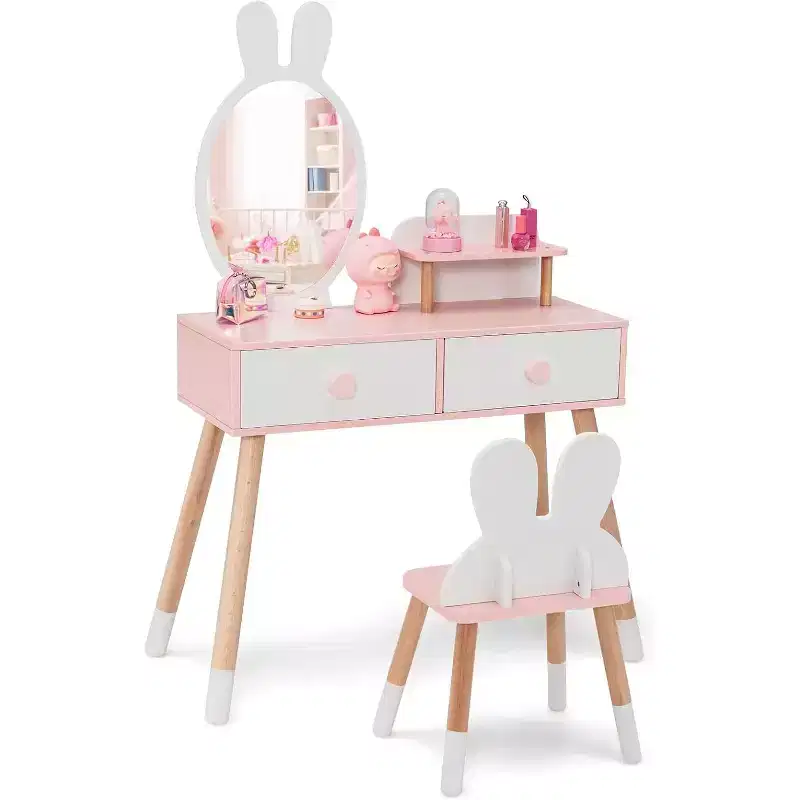 BALHAM TRADE-Rabbit Themed Kids Vanity Set White Wooden Makeup Table Chair w 2 Large Drawers