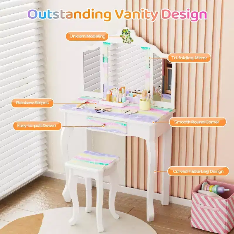 JOYMOR Luminous Unicorn Kids Vanity, 2-in-1 Toddler Vanity, w/Tri-Fold Mirror, 1 Drawer, Kids Vanity Table and Chair Set for Girls, Perfect Birthday