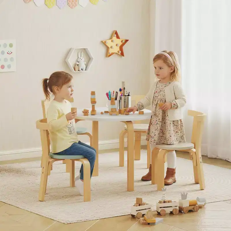 5-Piece Wooden Kids Table and Chairs Set for Ages 3-8 Natural Wood