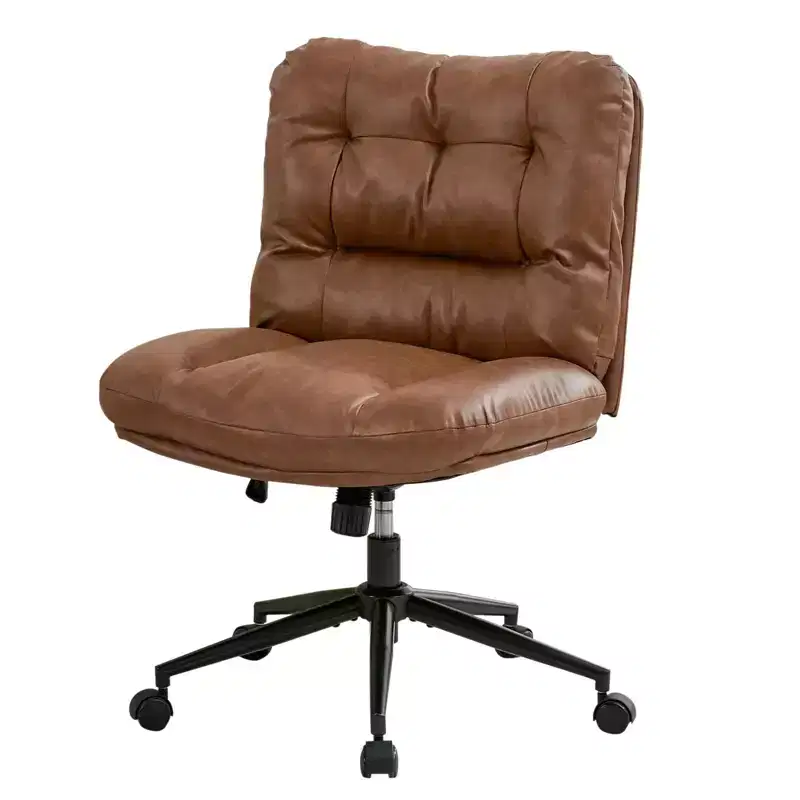 Vintage Armless Office Chair with Tufted Back, Adjustable Height Desk Chair with Casters and Black Metal Base, Brown