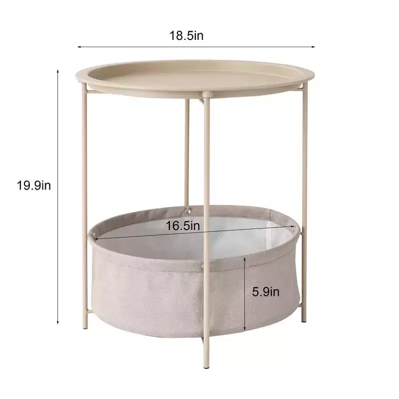 VECELO Round Side/End Table with Fabric Storage Basket, Metal Anti-Rust and Waterproof Small Bedside Nightstand with Removable Tray Top