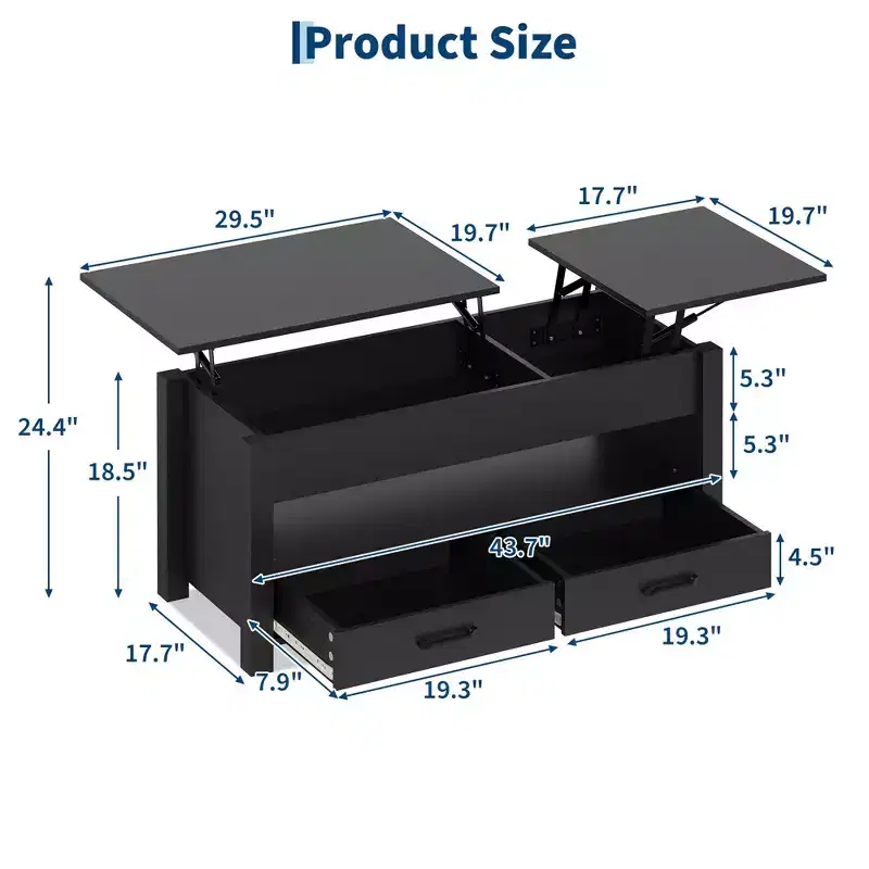 Lift Top Wooden Coffee Table  47.2 Center Table, 2 Storage Drawers, Hidden Compartment, Height Adjustable, Space-Saving, Modern Farmhouse