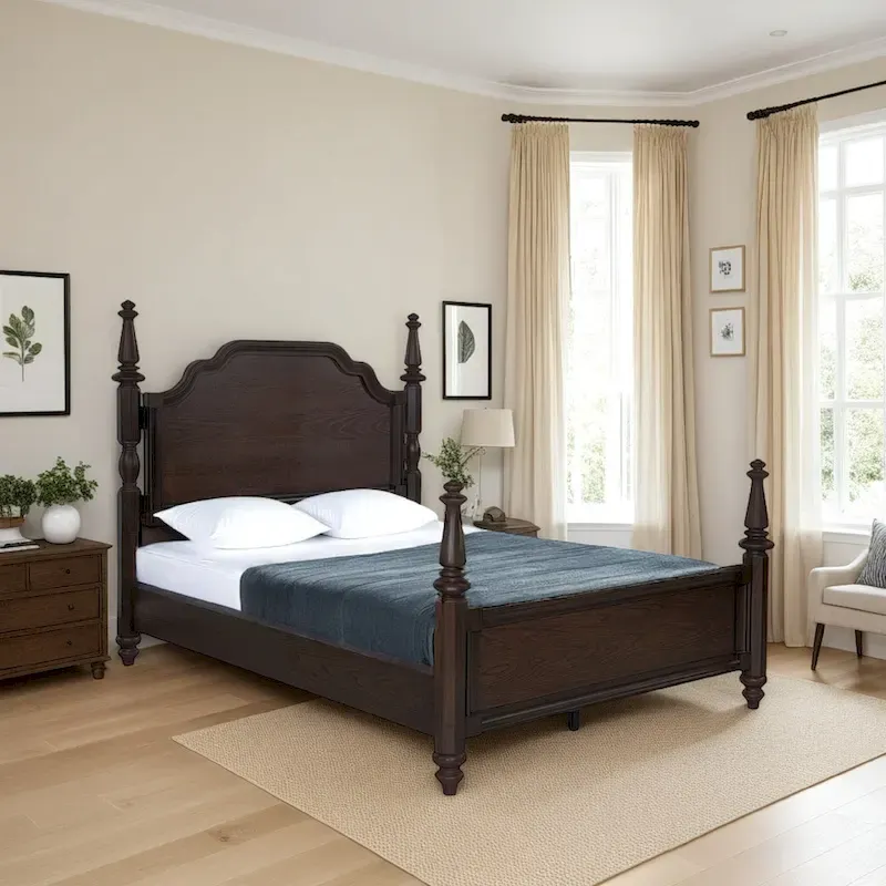 Dark Oak Brown King 4-Poster Bed with Carved Serpentine Headboard