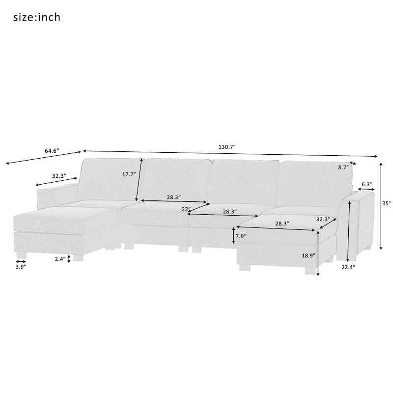 3 Pieces U shaped Sectional Sofa with 2 Removable Ottomans