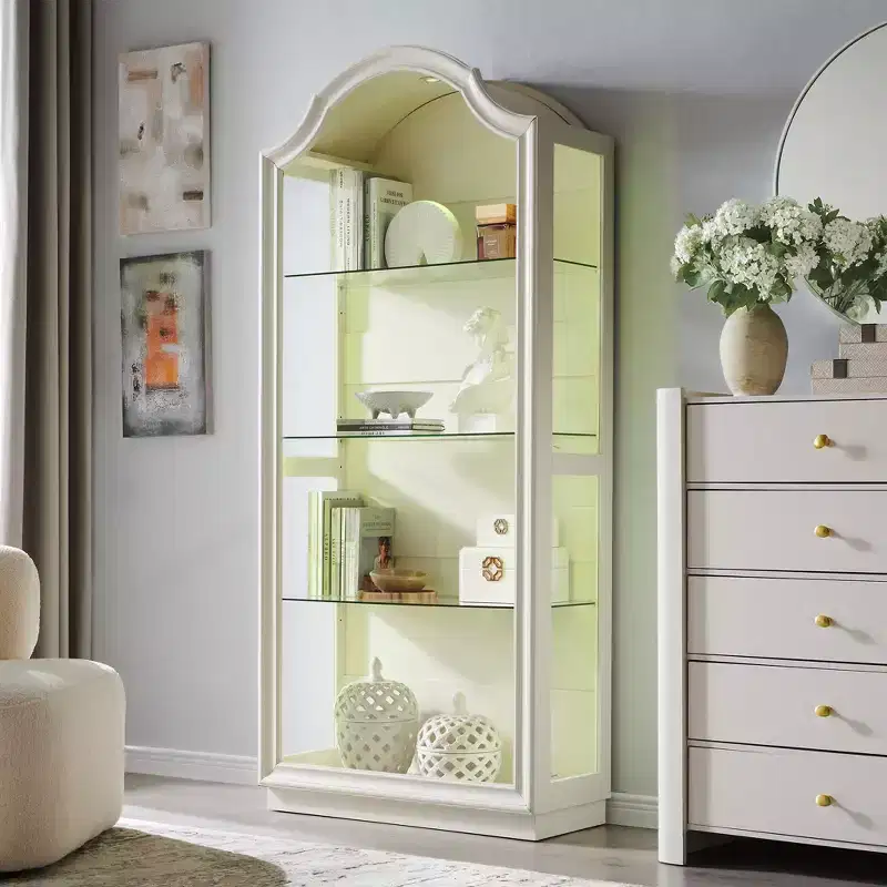 72 Arched Kitchen Pantry, 4-Tier Glass Display Cabinet with 20 Color LED Lights, Modern Display Case Shelf for Living Room