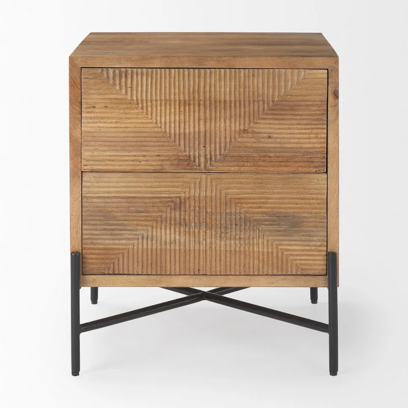 Cairo Light Brown Solid Wood w/ Black Iron Frame & 2 Drawer Accent Table - 22L x 22W x 26H