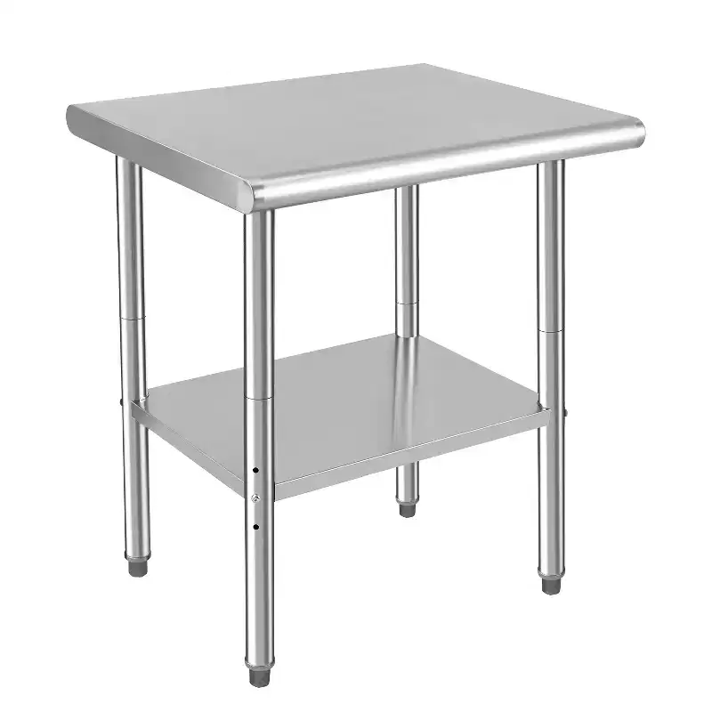 Stainless Steel Catering Table, Commercial Work Table with Double Layer, Heavy Duty Food Prep Workbench w/Non-Slip Footpads