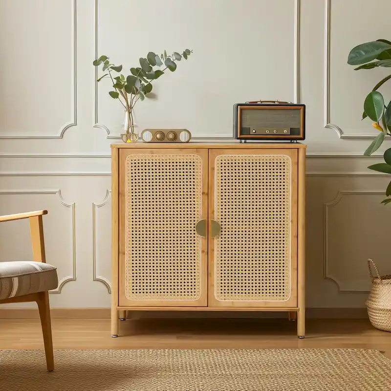 Natural Rattan BOHO Sideboard Buffet Cabinet – Bamboo & PE Rattan, Gold Handles, 1–2 Person Assembly
