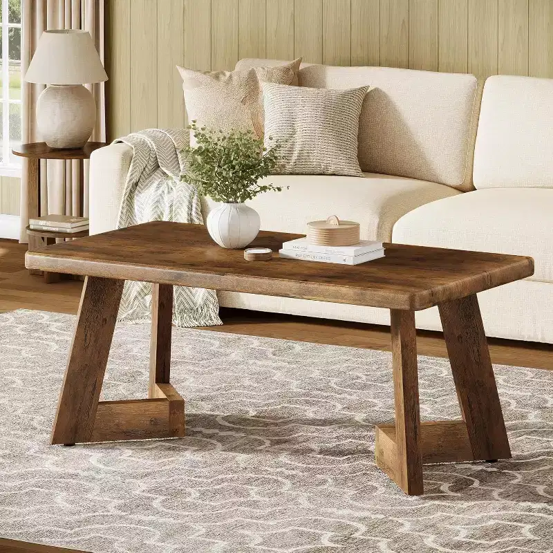 Lantine Coffee Table, Farmhouse Center Table with V-Shaped Legs, 47.2 x 23.6 Inches Rectangle Living Room Tables, Easy to Assemble, Rustic Brown