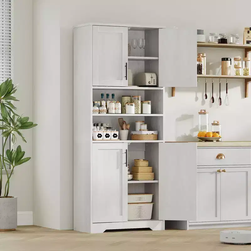 Kitchen Pantry Cabinet, 4 Door Cabinet w/Microwave Stand & Drawer, Adjustable Shelf, Gray