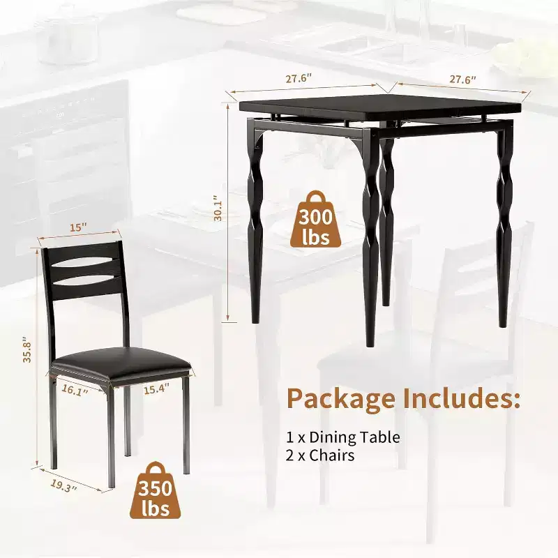 Dining Table, 3 Piece Dining Table Set for 2, Table Set with Spiral Table Legs, Space Saving and Modern Design for Dining Room, Apartment, Black