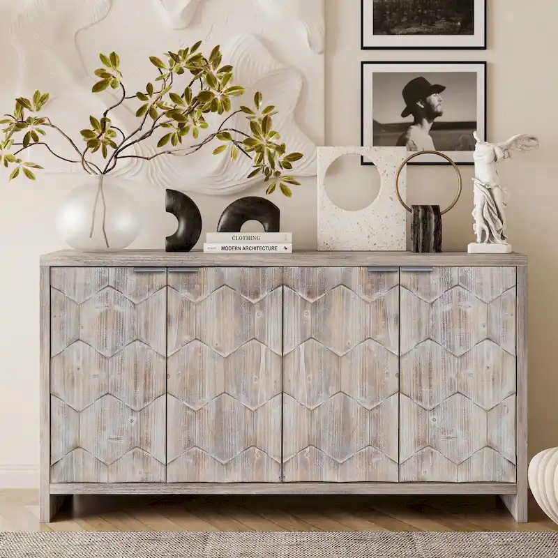 60-in Farmhouse Antique Black 4 Wooden Door Sideboard Buffet Server Accent Storage Cabinet