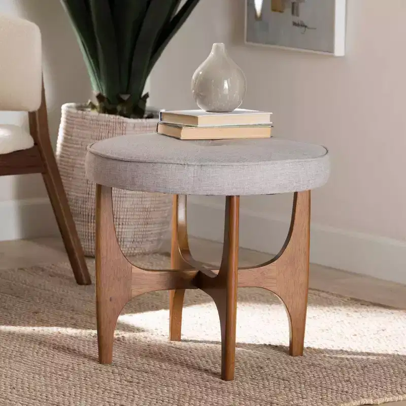 Round Upholstered Ottoman Footstool – Japandi Style, Grayish Beige & Walnut Brown