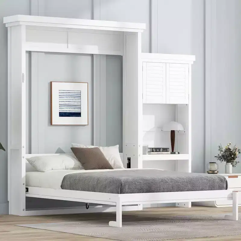 Whisen Wood Queen Size Murphy Bed with Multiple Storage Shelves and Louvered Style Decoration