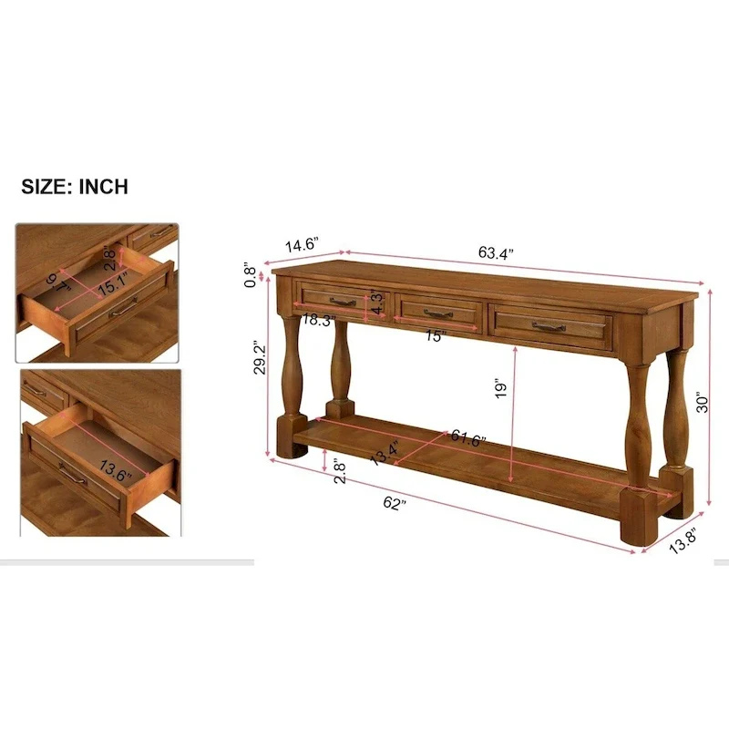 Solid Wood Console Table with 3 Drawers and Bottom Shelf - 63W