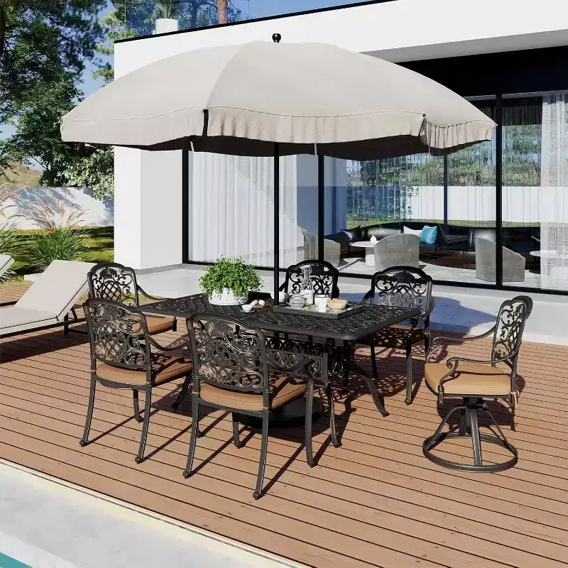 59''Cast Aluminum Outdoor Dining Table Outdoor Patio Table for 6 Patio Dining Table with 2Umbrella Hole & Adjustable Foot Pads for Garden,Backyard