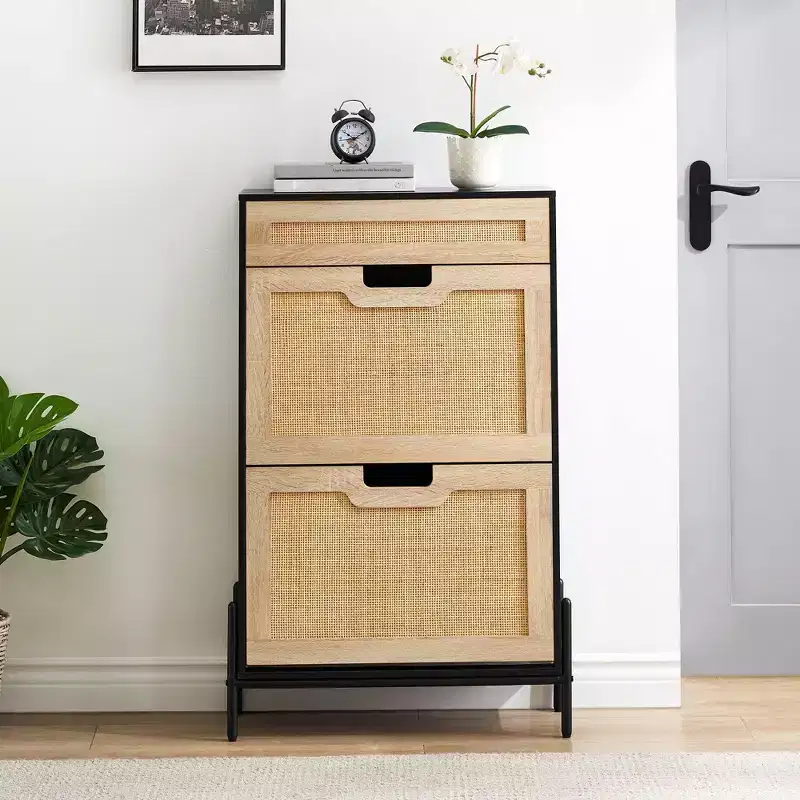 Shoe Cabinet Storage with 2 Flip Drawers and 1 Drawer,Freestanding Rattan Shoe Organizer with 3-Tier Adjustable Shelves for Slippers,Sneakers,Heels
