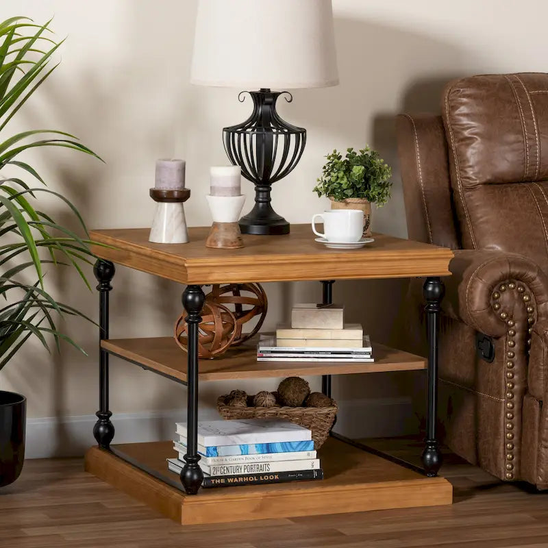 Traditional Industrial Wood and Black Metal 3-Tier End Table