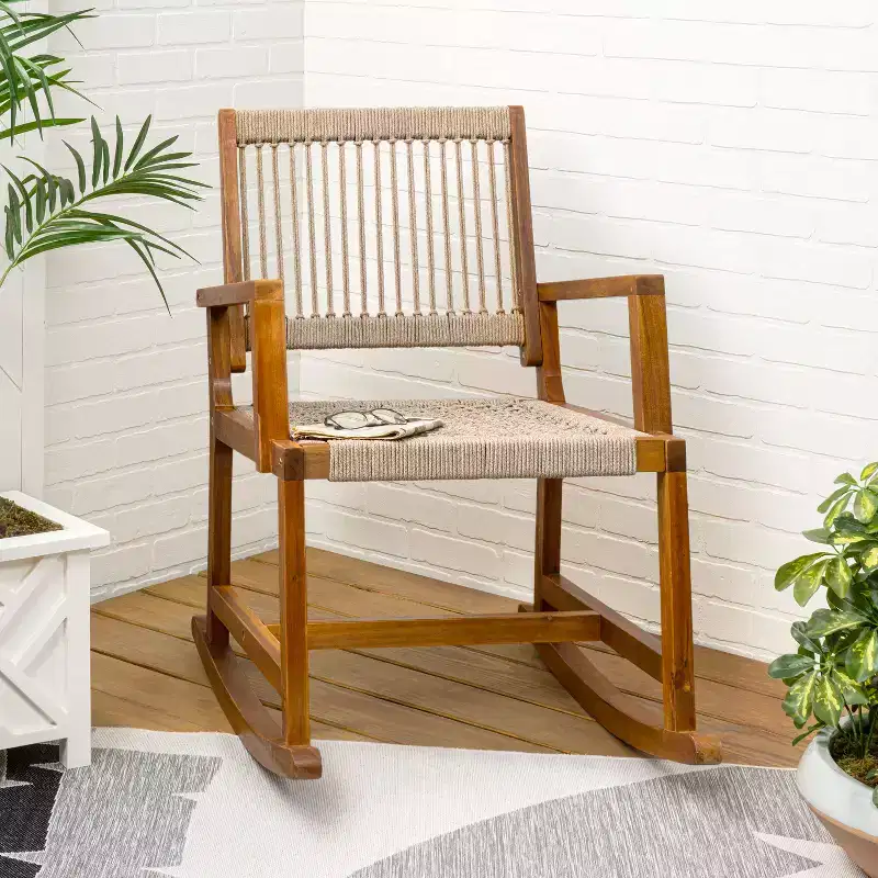 JONATHAN Y Laguna Coastal Casual 352-LBS Support Acacia Wood and Woven Rope Outdoor Rocking Chair
