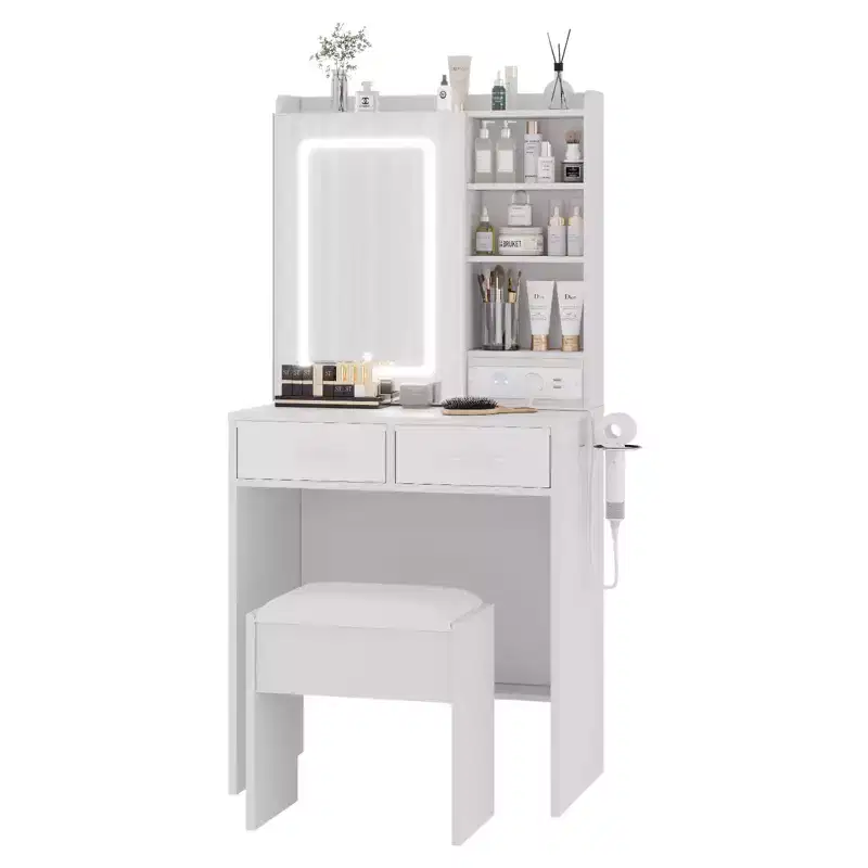 Modern Makeup Vanity Desk  2 Drawers, Open Shelves, Charging Station, USB Ports, Power Outlets, Cushioned Stool  Bedroom Vanity Table Set
