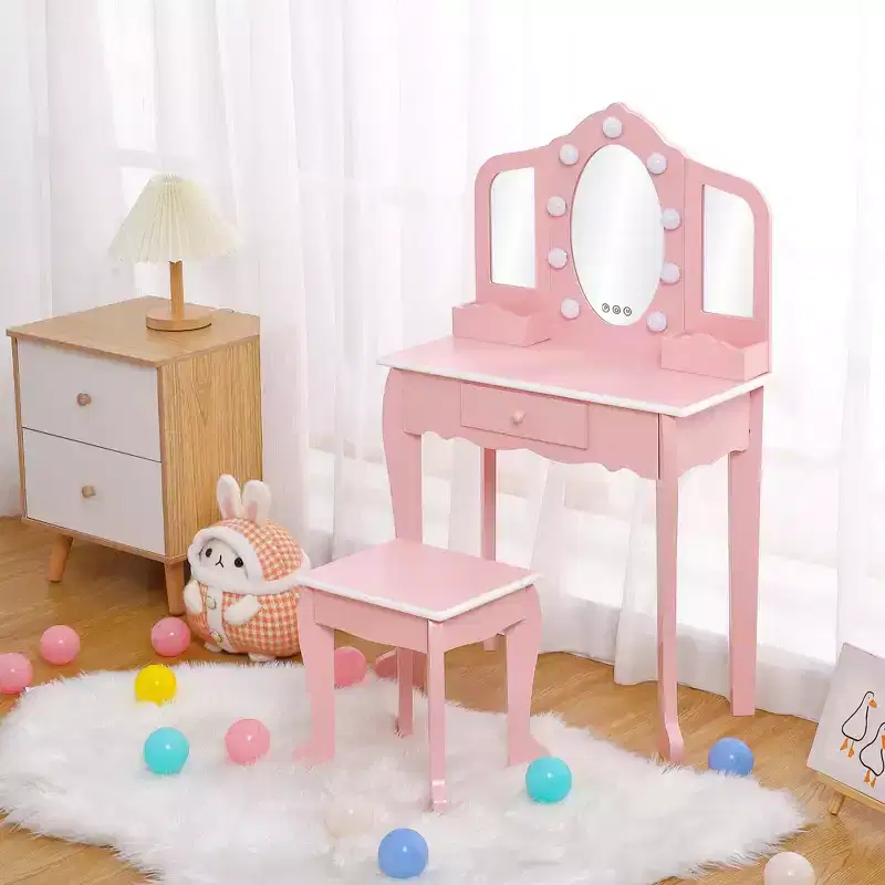 Kids Vanity with Lighted Mirror, Little Girls Vanity Table
