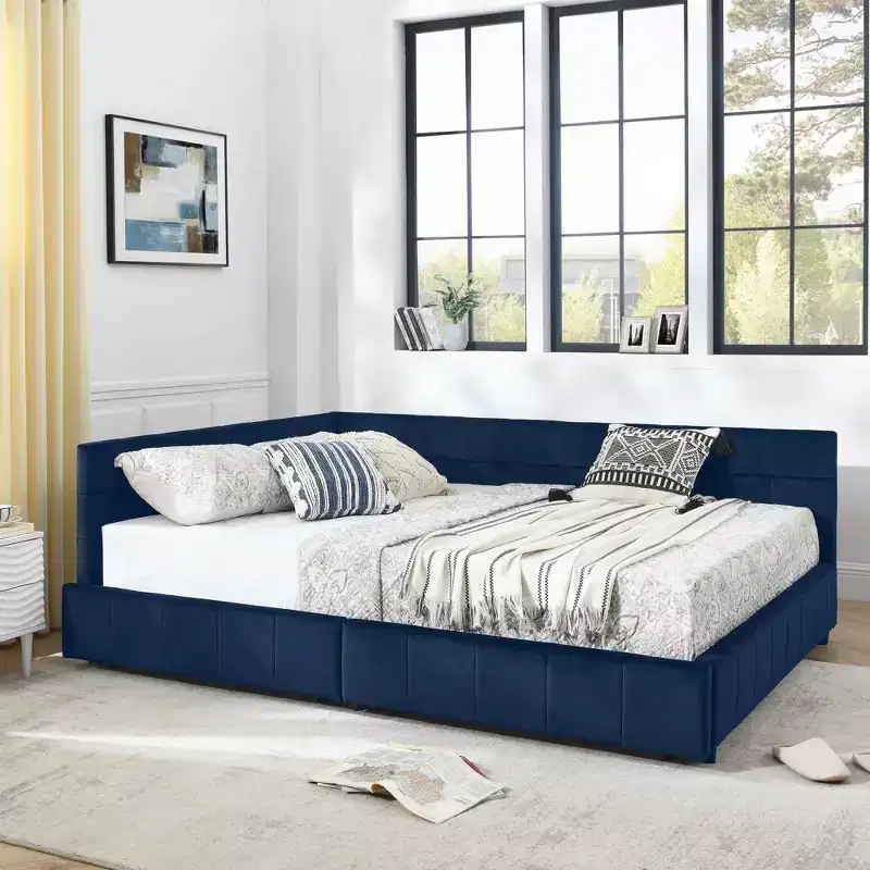 MAYEERTY Queen Size Storage Upholstered Tufted Bed Frame with Backrest and Armrests for Bedroom Blue