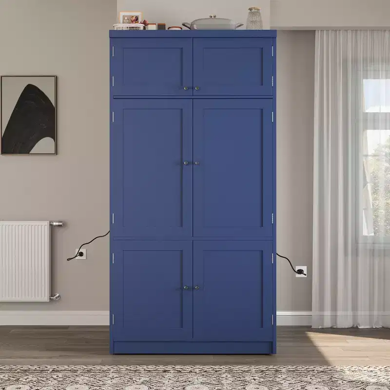 Large Shaker Style Kitchen Pantry with 2 Power Outlets, Adjustable and Door Shelves