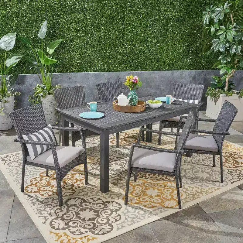 7pc Davenport Wood & Wicker Expandable Patio Dining Set Gray: Acacia Table, Umbrella Hole - Christopher Knight Home