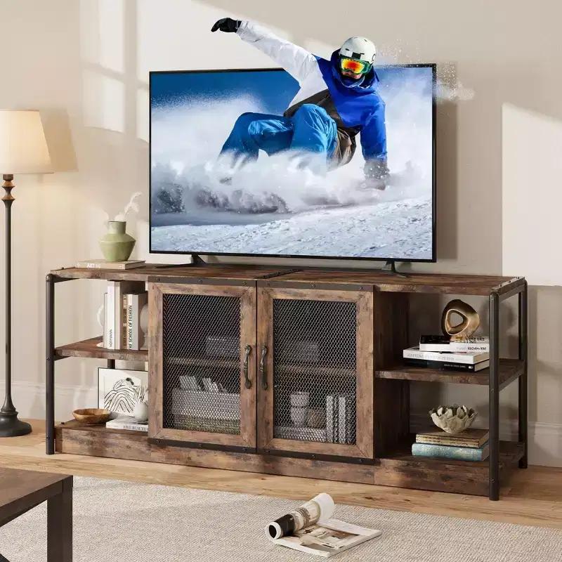 Farm TV Stand for 65/75 inches TVs, Entertainment Center with Storage Cabinet and Mesh Doors, Industrial TV Media Console Cabinet Table