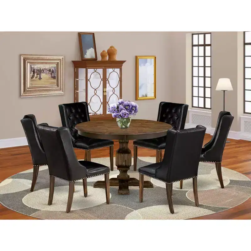 HomeStock Round Dining Table Set with 6 Chairs Distressed Jacobean
