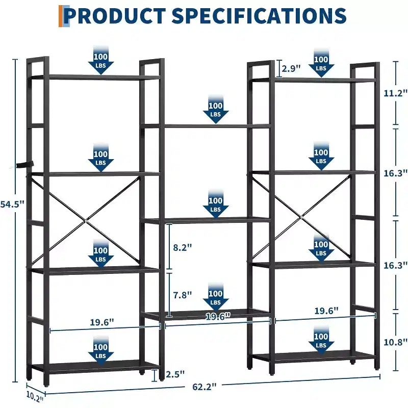 Industrial Triple-Column Bookcase  11 Adjustable Shelves, 100LB/Shelf Capacity, Steel Frame & Particle Board (Black/Brown)