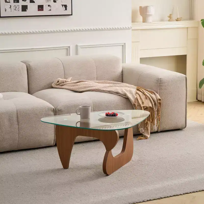 Brown Wood Sculptural Base Glass Top Coffee Table, 1-2 Persons