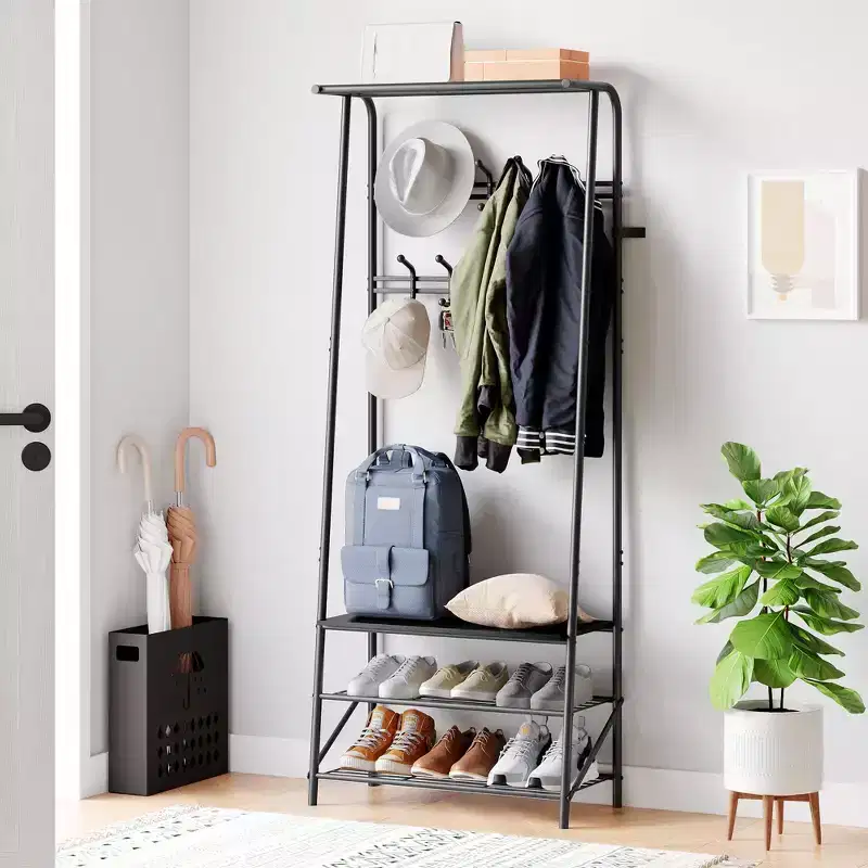 Coat Rack with Shoe Storage & 10 Hooks, Freestanding Coat Stand, Entryway Hall Tree with Storage, Metal Frame Clothes Rack