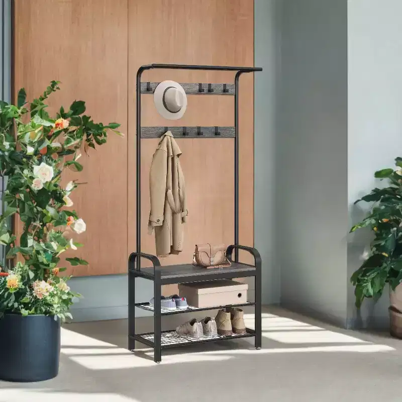 Coat Rack, Hall Tree with Shoe Bench for Entryway, Entryway Bench with Coat Rack, 4-in-1, with 9 Removable Hooks, a Hanging Rod