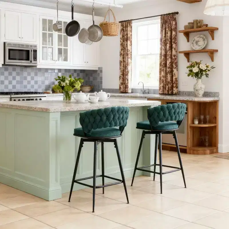 Okak Modern Set of 2 Breathable Linen Padded Bar Stools with Footrest & Sturdy Metal Frame,Counter Height Swivel Chairs
