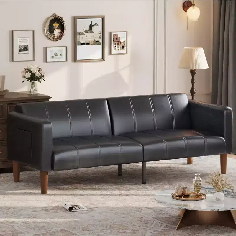 75 Modern Convertible Couch in Faux Leather, Mid-Century 3-Seat Loveseat Sleeper for Small Spaces