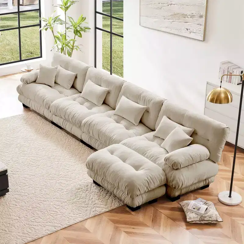 4 Seater L Shaped Couch for Living Room Comfy Cloud Couch with Convertible Ottoman Chenille Light coffee