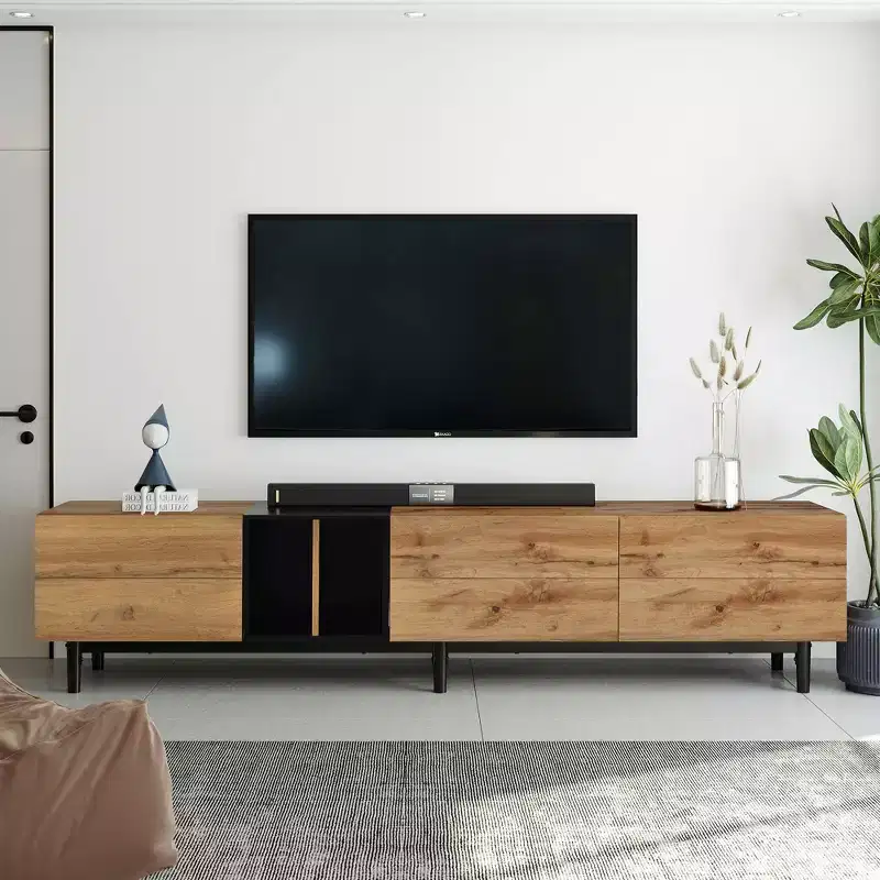 VIYET 77Modern TV Stand for 80 TVs, Natural Wood MDF Media Console w/ 3 Drop Down Doors & Large Storage