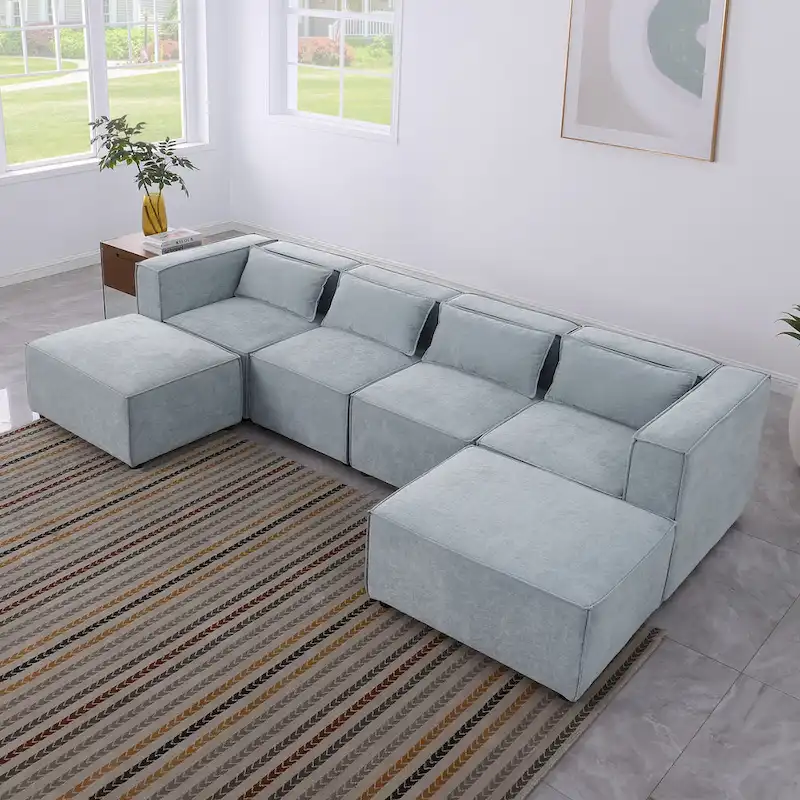 6-Piece Chenille Upholstered U-Shaped Modular Sectional Sofa with 2 Removable Ottoman and Free Combination Design