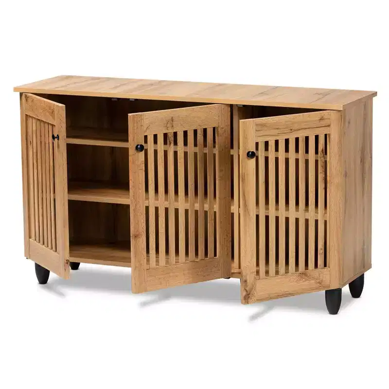 Wood 3 Door Cabinet Oak Brown/Black: Fixed Shelves, Shoe Organizer, 6-Tier Storage