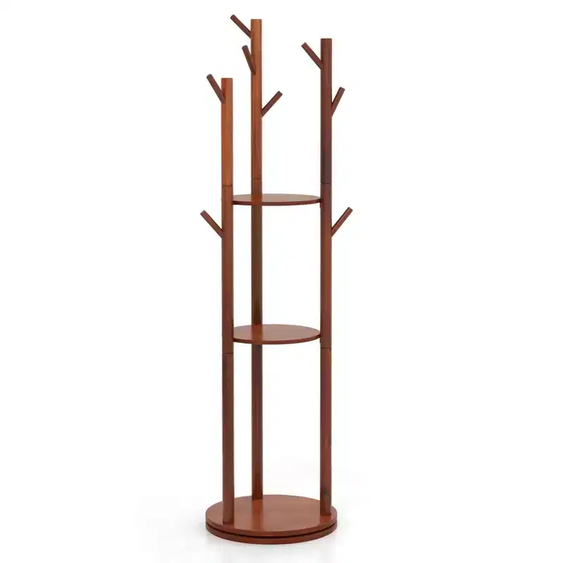 Freestanding 360° Rotary Wooden Coat Rack with 3 Shelves & 9 Hooks