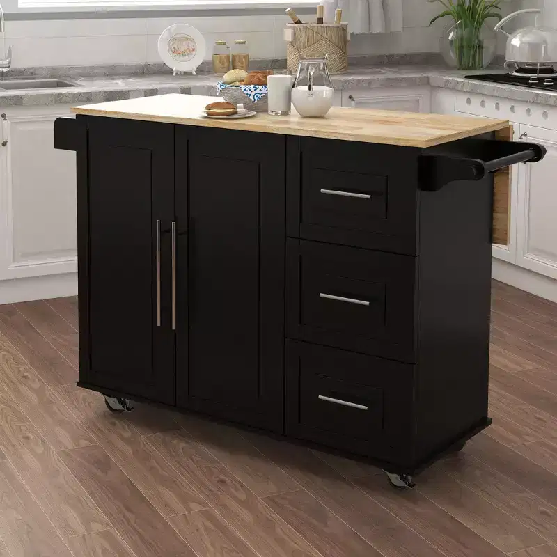 Kitchen Island with Extensible Solid Wood Tabletop, Rolling Kitchen Cart with 2 Doors and 3 Drawers, Countertop Organizer for Home, Black