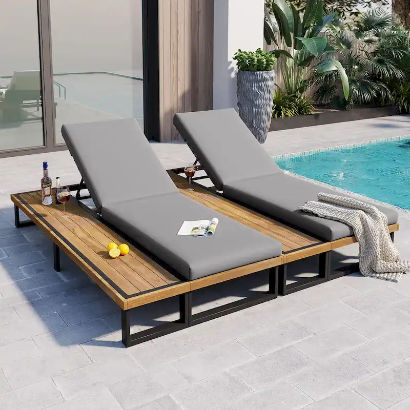 76.8W Outdoor Patio Chaise Lounge Chair Set of 2 with 5-Position Adjustable Backrest - N/A